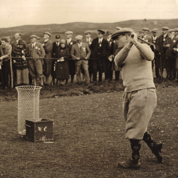 Bobby Jones driving from 1st tee, British Amateur Championship, Muirfield, 6x8, 1926